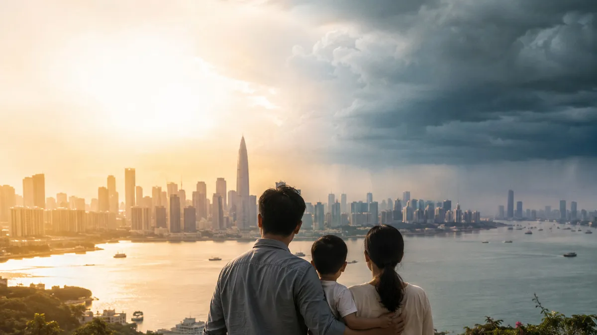 一家人站在高處望向海灣城市，左半邊天空是清朗的夕陽、右半邊壓著暗色雲層