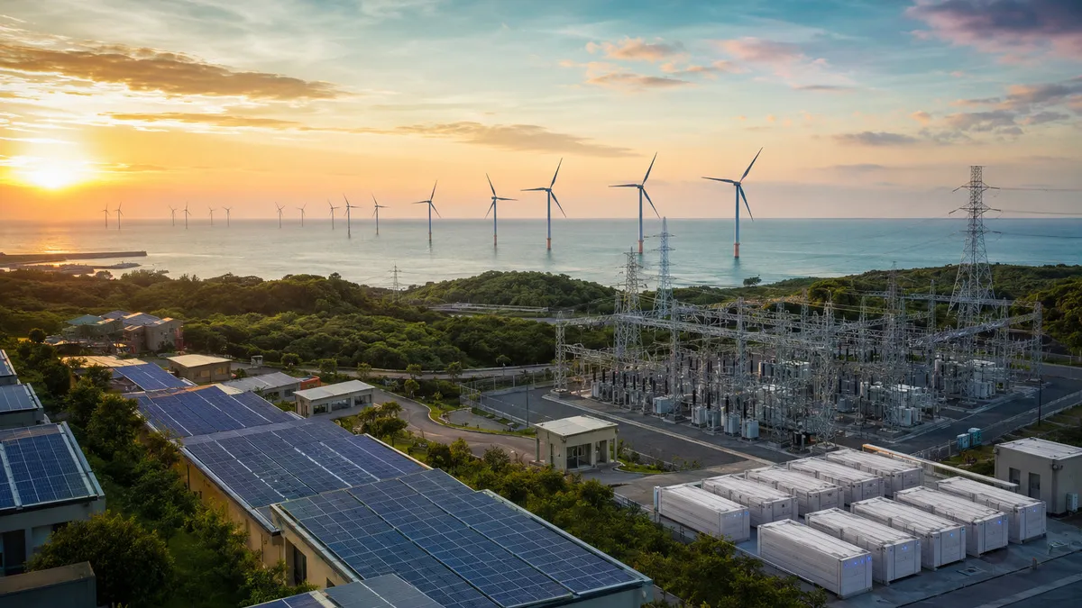 清晨的海岸邊，太陽能板陣列、風機與一座變電站並排而立
