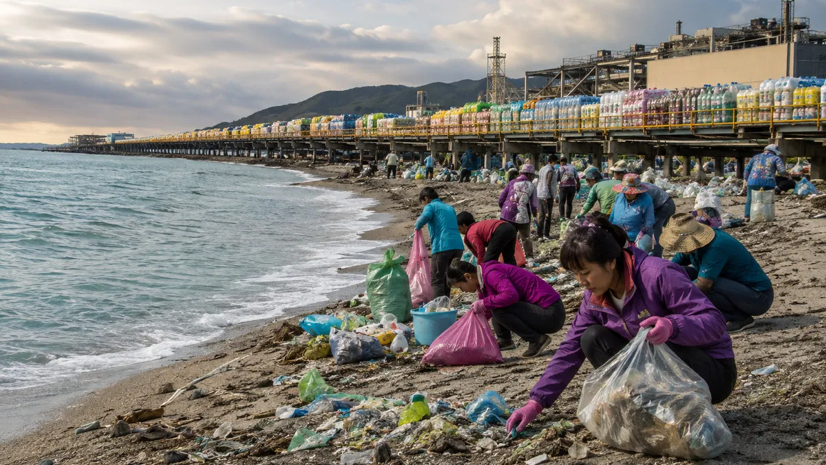 海邊一群人彎腰撿拾塑膠垃圾，遠處是沿岸的工廠與棧橋
