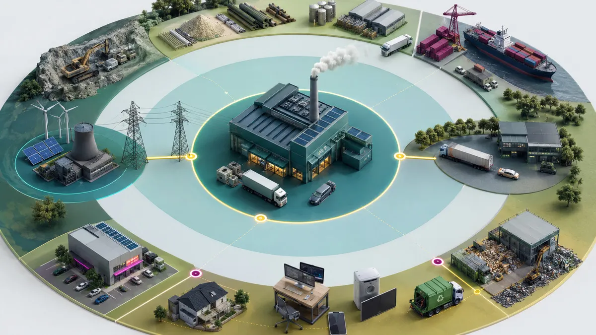 等角視角的示意圖：一座工廠位於中心，外圈依序是電力設施、車輛與周邊建物