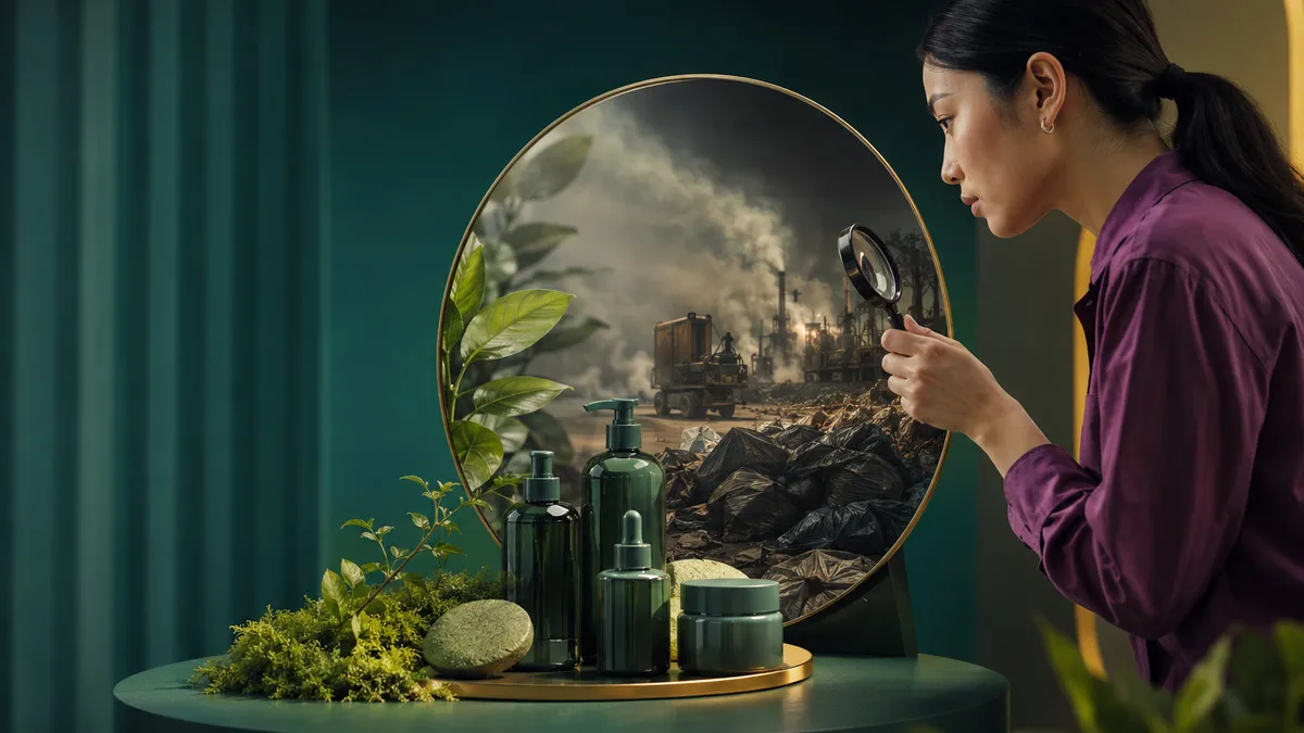 一名女性拿著放大鏡端詳綠色包裝的商品，鏡片裡映出的是工業排放的景象