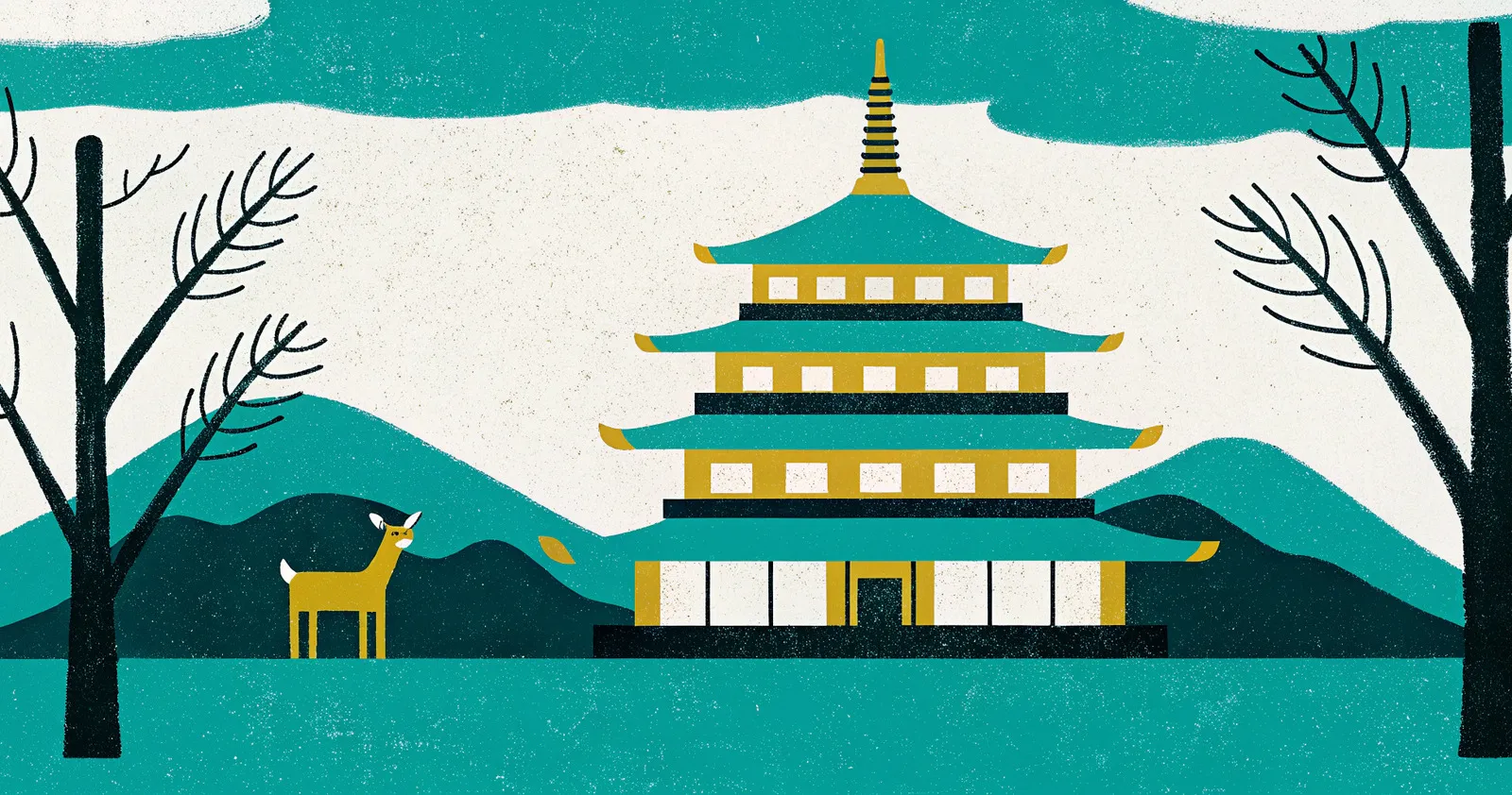 插畫:奈良的五重塔與鹿,冬日枯樹與遠山